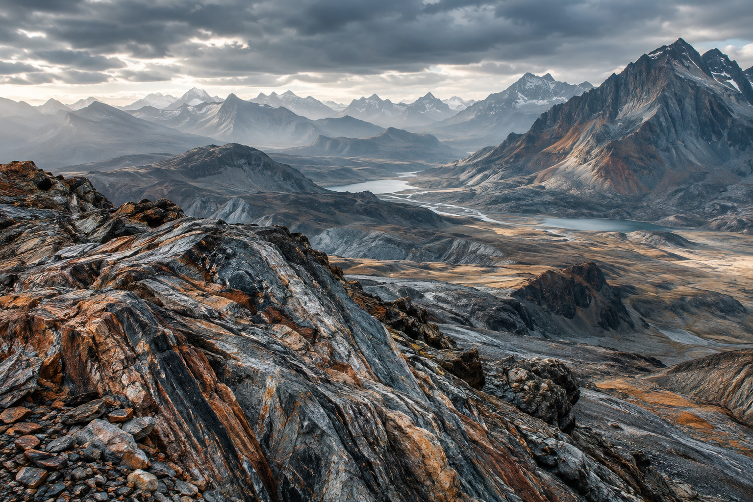 Dramatic layered rock and mountain ridges